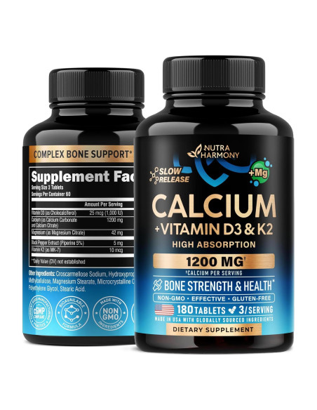 Suplemento de Calcio NUTRA HARMONY 1200 mg + D3 y K2 - 180 Tabletas