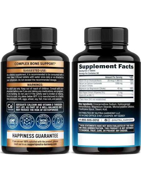 Suplemento de Calcio NUTRA HARMONY 1200 mg + D3 y K2 - 180 Tabletas