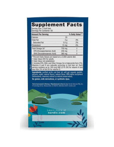 Aceite de Hígado de Bacalao Ártico Nordic Naturals 180 Geles 750 mg Omega-3