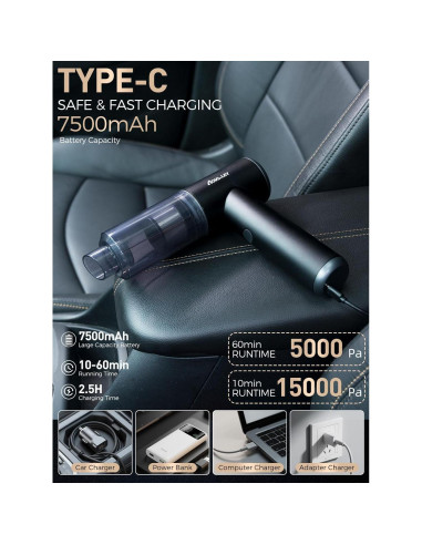 Aspiradora de Mano Aokway Sin Cable 15000PA 4 en 1 Negra