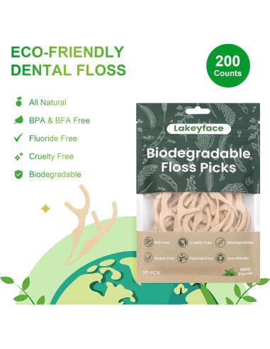 200 Palillos de Hilo Dental Biodegradables Lakeyface Menta