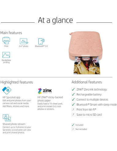Impresora de Fotos Portátil HP Sprocket Rosa 2x3 Zink
