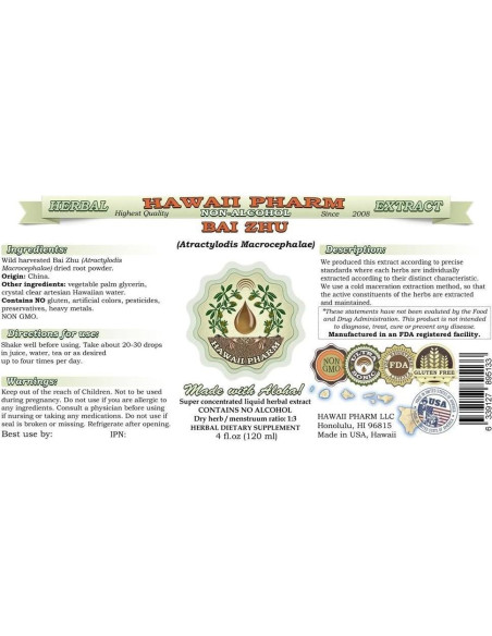 Extracto Líquido Sin Alcohol Bai Zhu Hawaii Pharm 59 ml