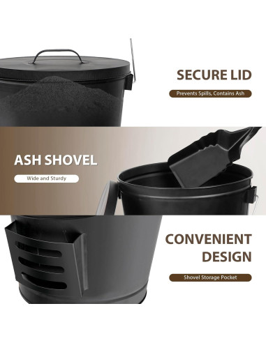 Cubo de Cenizas F2C 19.5L con Tapa y Herramientas para Chimenea