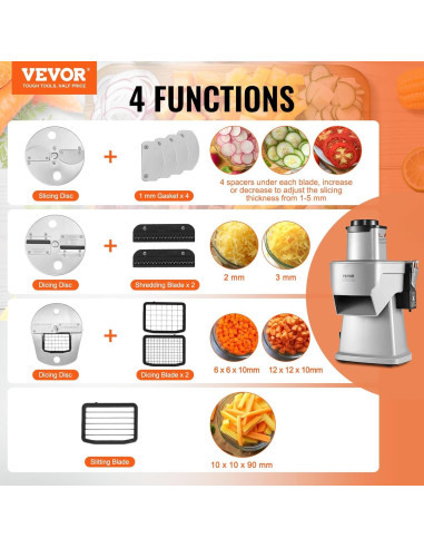 Cortadora de Verduras Eléctrica VEVOR 4 en 1 200W Acero Inoxidable