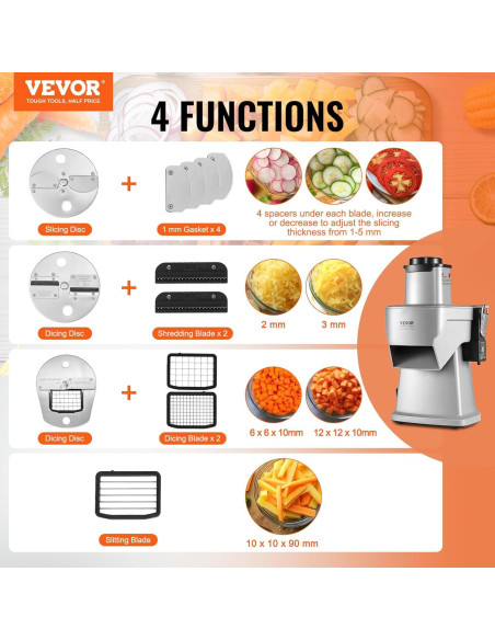 Cortadora de Verduras Eléctrica VEVOR 4 en 1 200W Acero Inoxidable