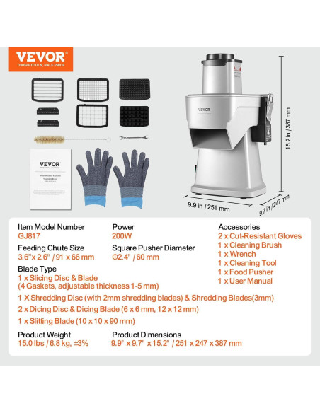 Cortadora de Verduras Eléctrica VEVOR 4 en 1 200W Acero Inoxidable