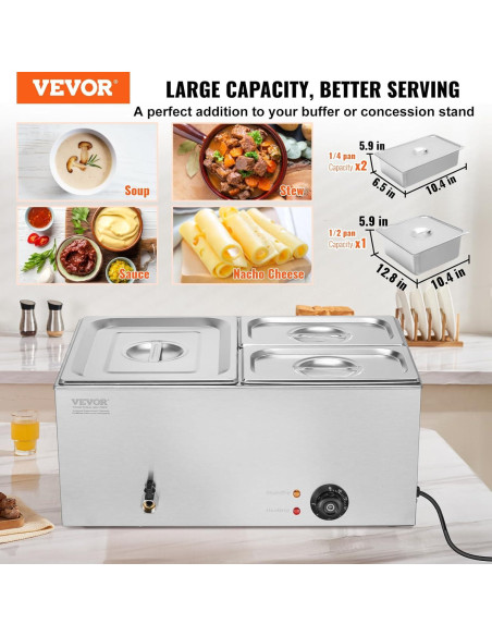 Calentador de Comida Comercial VEVOR 3 Bandejas 21 Qt 1200W