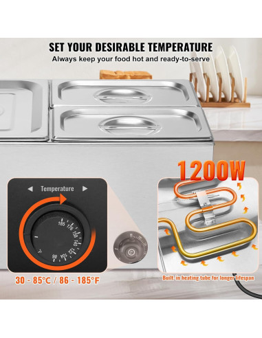 Calentador de Comida Comercial VEVOR 3 Bandejas 21 Qt 1200W