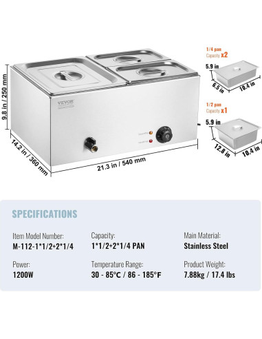 Calentador de Comida Comercial VEVOR 3 Bandejas 21 Qt 1200W