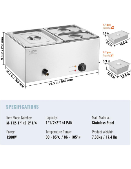 Calentador de Comida Comercial VEVOR 3 Bandejas 21 Qt 1200W