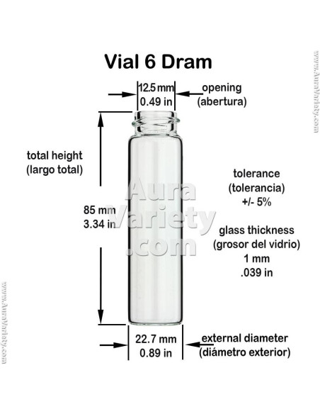 Paquete de 6 frascos de vidrio borosilicato 22 ml con tapa