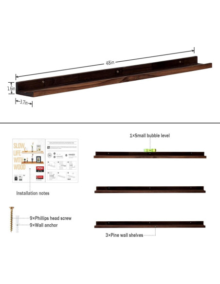 Estanterías Flotantes de Madera AZSKY 48" Nogal Profundo - Juego de 3