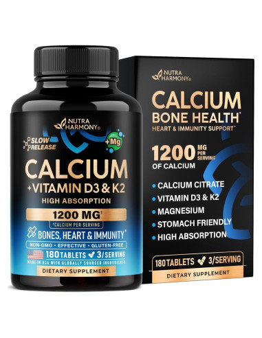 Suplemento de Calcio NUTRA HARMONY 1200mg con D3 y K2 - 180 Tabletas