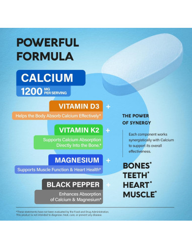 Suplemento de Calcio NUTRA HARMONY 1200mg con D3 y K2 - 180 Tabletas
