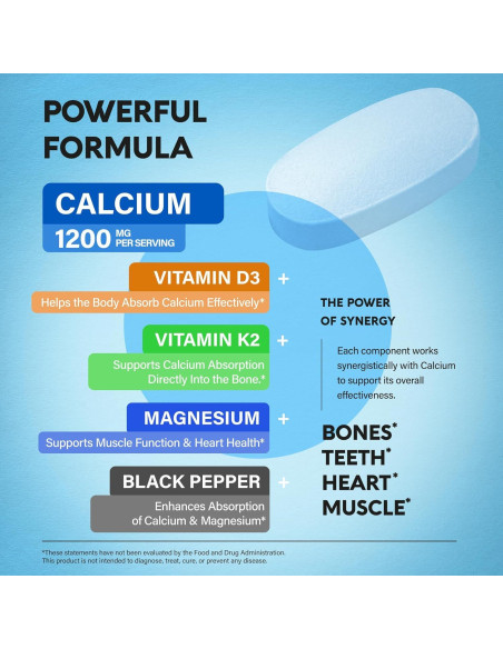 Suplemento de Calcio NUTRA HARMONY 1200mg con D3 y K2 - 180 Tabletas