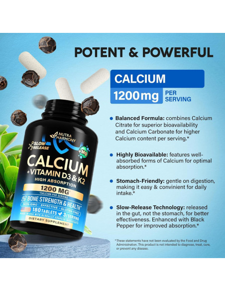 Suplemento de Calcio NUTRA HARMONY 1200mg con D3 y K2 - 180 Tabletas