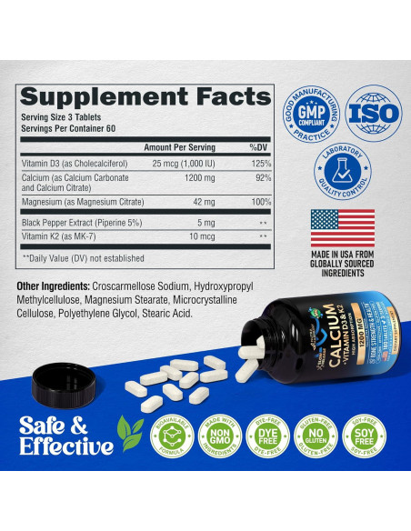 Suplemento de Calcio NUTRA HARMONY 1200mg con D3 y K2 - 180 Tabletas