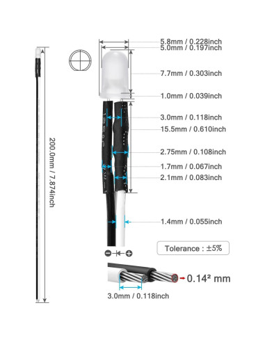 Luces LED Diodo Blanco 5mm Pre-Cableadas CHANZON 20 pcs