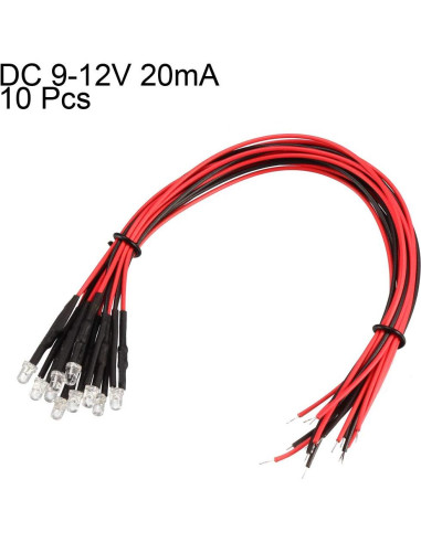 10 LEDs Pre Cableados 3mm uxcell Blanco DC 9-12V 20cm