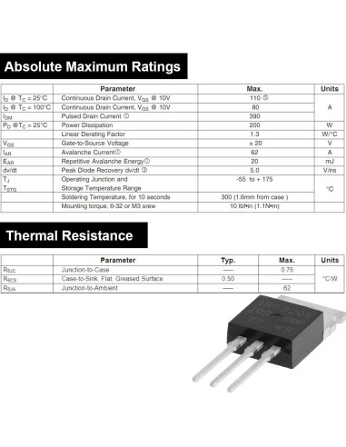 Transistor MOSFET IRF3205 N-Canal 55V 110A con Kit 20 pcs