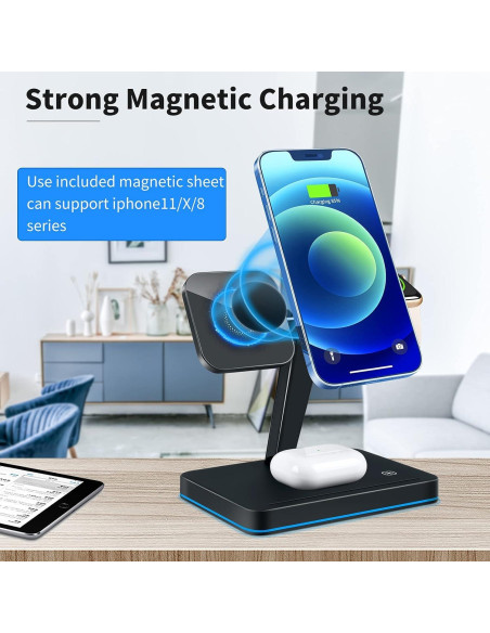 Cargador Inalámbrico Magnético YOCUNKER 15W 3 en 1 para iPhone, Apple Watch y AirPods