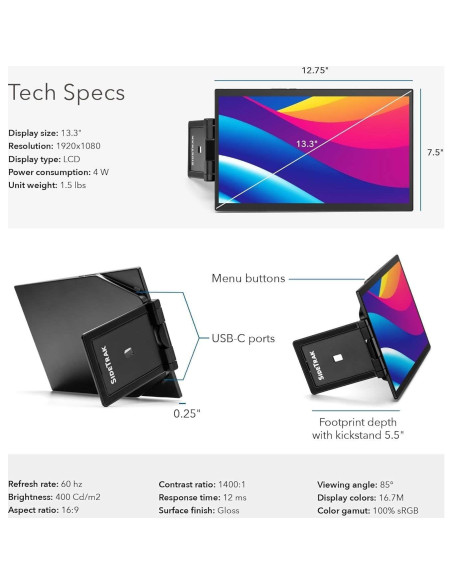 Monitor Portátil SideTrak Swivel Pro Touch 33 cm Táctil