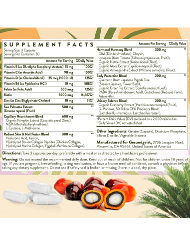 Saw Palmetto 500mg - Suplemento para Crecimiento Cabello Mujeres - 90 Cápsulas