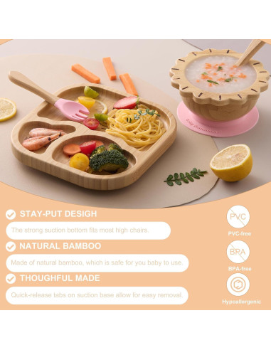 Set de Alimentación Rosa BABY REMEMBER - Platos y Cuencos de Bambú