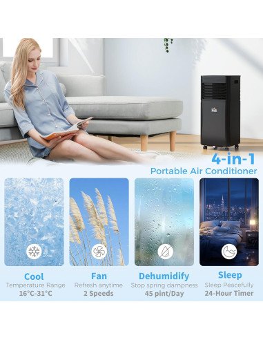 Aire Acondicionado Portátil HOMCOM 8000 BTU 4 en 1 Negro