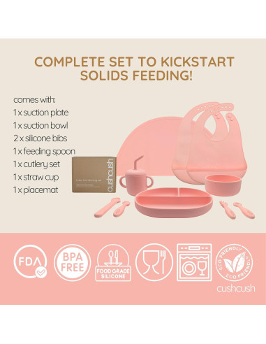 Juego de Alimentación Cushcush para Bebés - Silicona LFGB Rosa