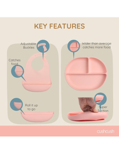 Juego de Alimentación Cushcush para Bebés - Silicona LFGB Rosa