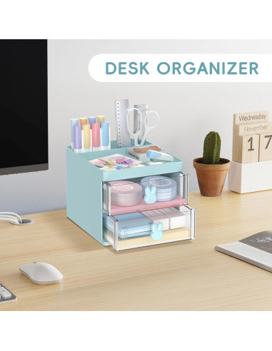 Organizador de Escritorio DRQ Azul con 2 Cajones y 3 Compartimentos