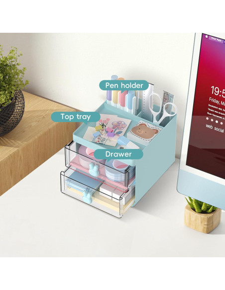 Organizador de Escritorio DRQ Azul con 2 Cajones y 3 Compartimentos