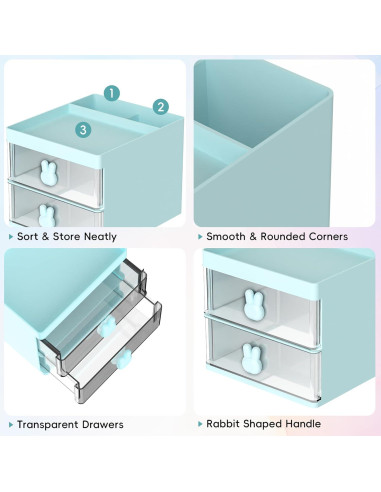 Organizador de Escritorio DRQ Azul con 2 Cajones y 3 Compartimentos