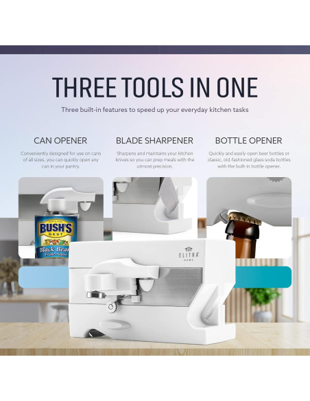 Abrelatas eléctrico 3 en 1 ELITRA HOME bajo gabinete blanco