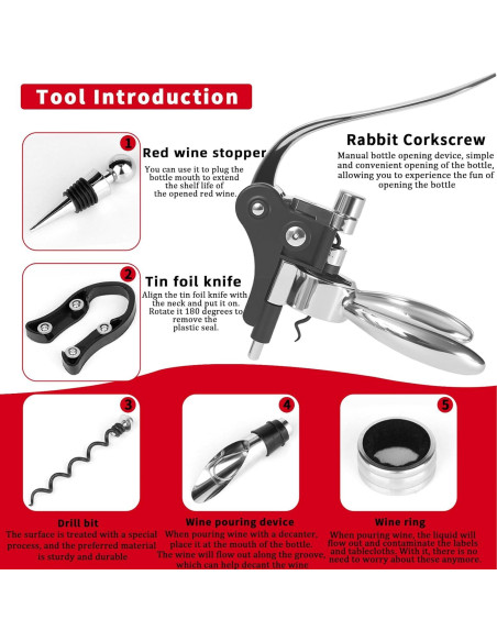 Sacacorchos de Conejo Plateado DEMARRE con Accesorios de Vino