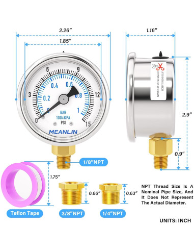 Manómetro de Presión Seco MEANLIN 0-15Psi Acero Inoxidable