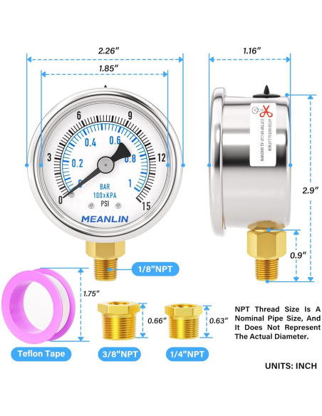 Manómetro de Presión Seco MEANLIN 0-15Psi Acero Inoxidable