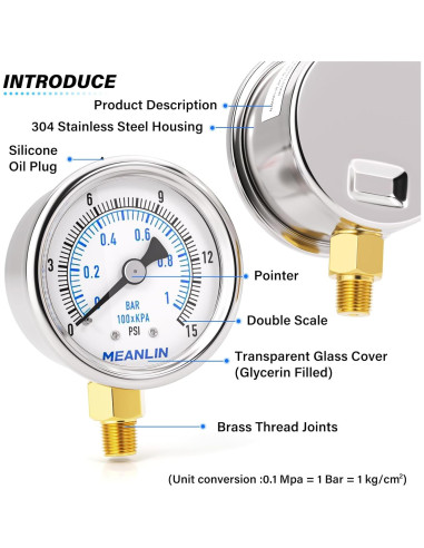Manómetro de Presión Seco MEANLIN 0-15Psi Acero Inoxidable