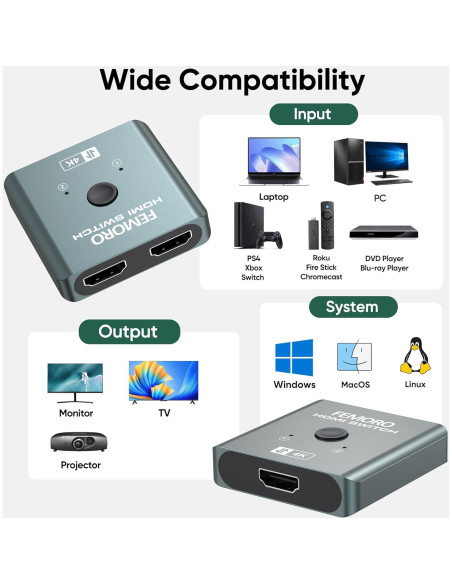 Conmutador HDMI 2 en 1 Femoro N41-01 Ultra HD 4K 60Hz