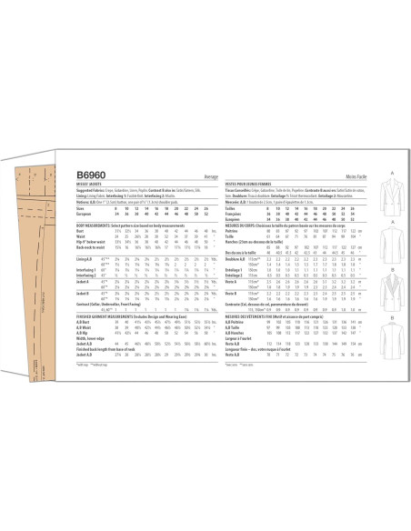 Patrón de Costura Chaqueta Forrada Butterick B6960 Tallas 8-16