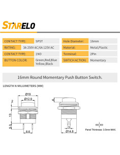 Interruptor de Botón Redondo STARELO R13-507 16mm 5PCS 2
