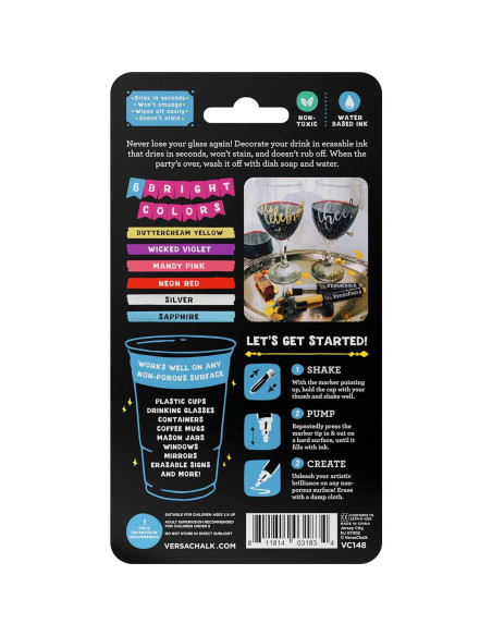 Marcadores de Vino VersaChalk, Set de 6 Colores 3mm Punta Fina