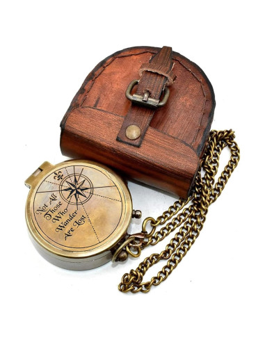 Brújula de Latón Antiguo Nautical Hut con Estuche de Cuero