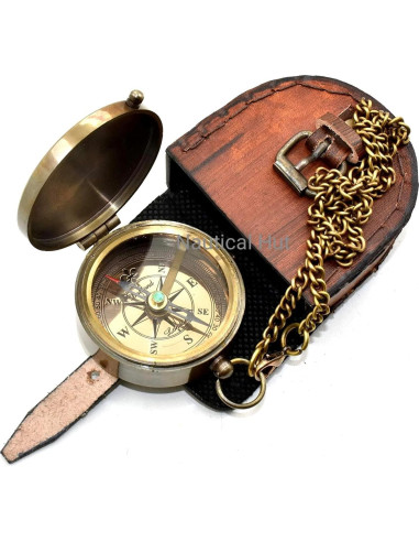 Brújula de Latón Antiguo Nautical Hut con Estuche de Cuero