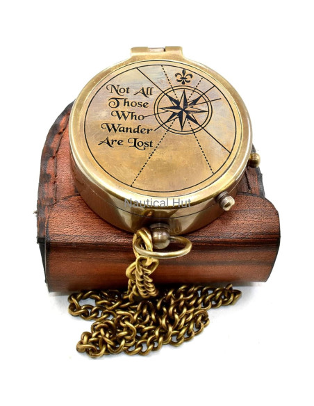 Brújula de Latón Antiguo Nautical Hut con Estuche de Cuero