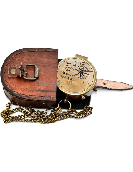 Brújula de Latón Antiguo Nautical Hut con Estuche de Cuero