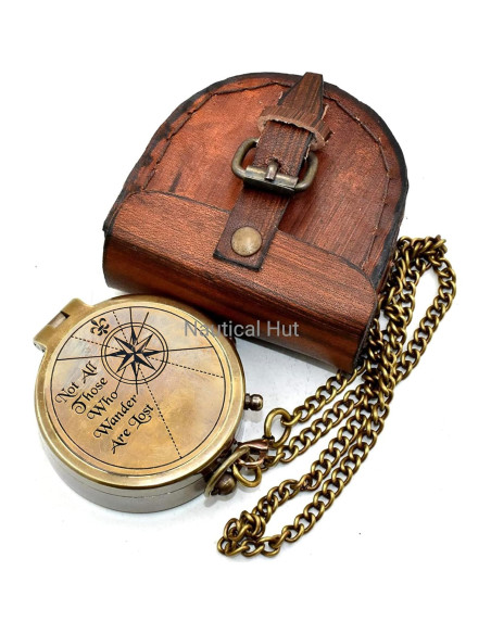 Brújula de Latón Antiguo Nautical Hut con Estuche de Cuero