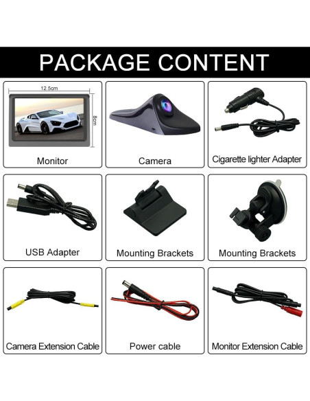 Cámara de Vista Lateral HD IP68 con Pantalla LCD 5" - Negro